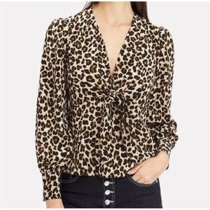 Veronica Beard Blouse Payton Leopard Brown Silk Tie Front Puff Sleeve Sz 2 XS
